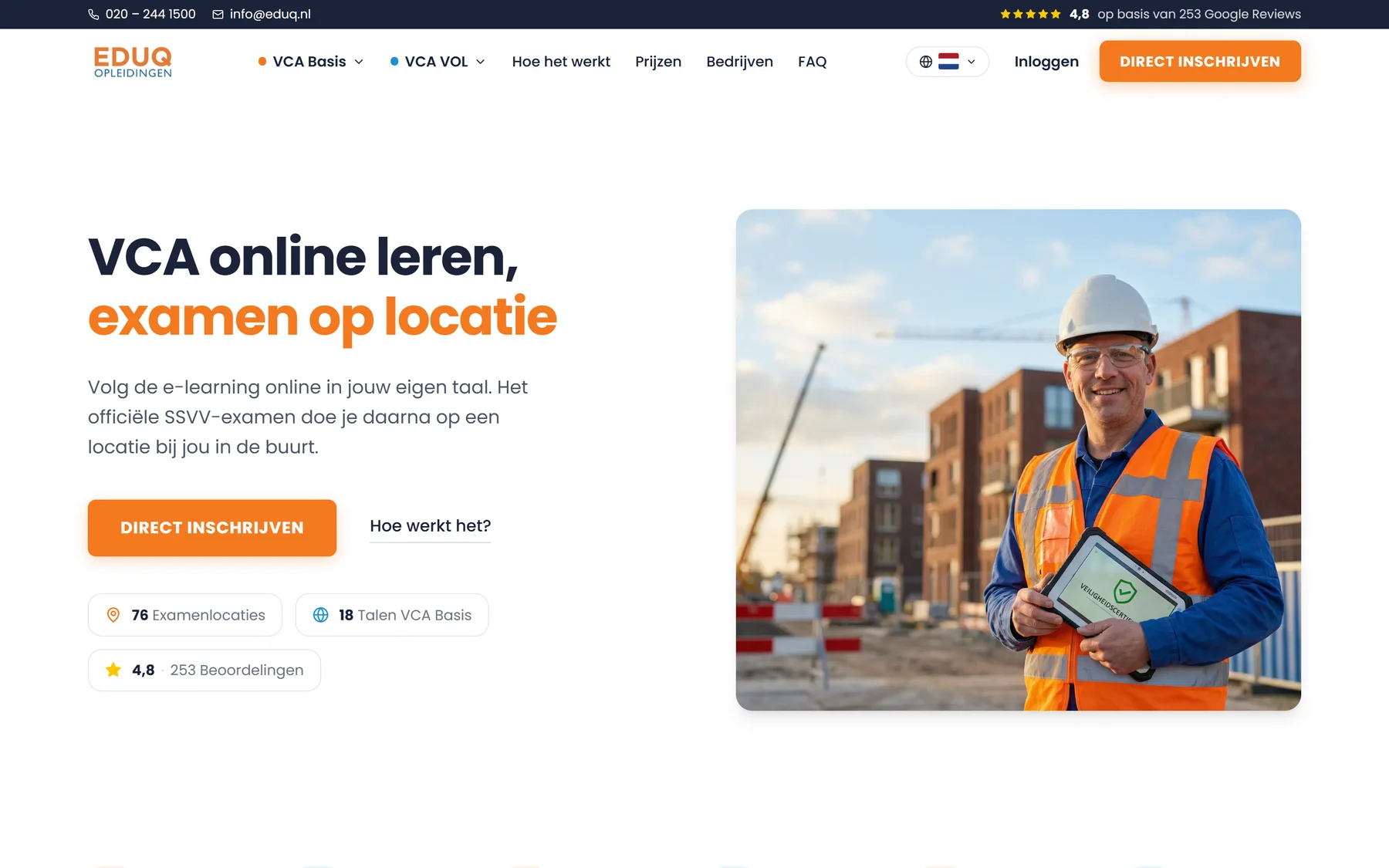 De homepagina van EDUQ Online met VCA online leren en examen op locatie