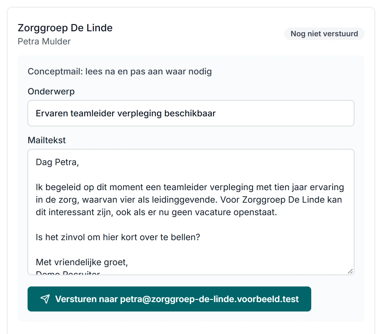 Een voorbereid campagnebericht in de fictieve Human Talents-demowerkruimte