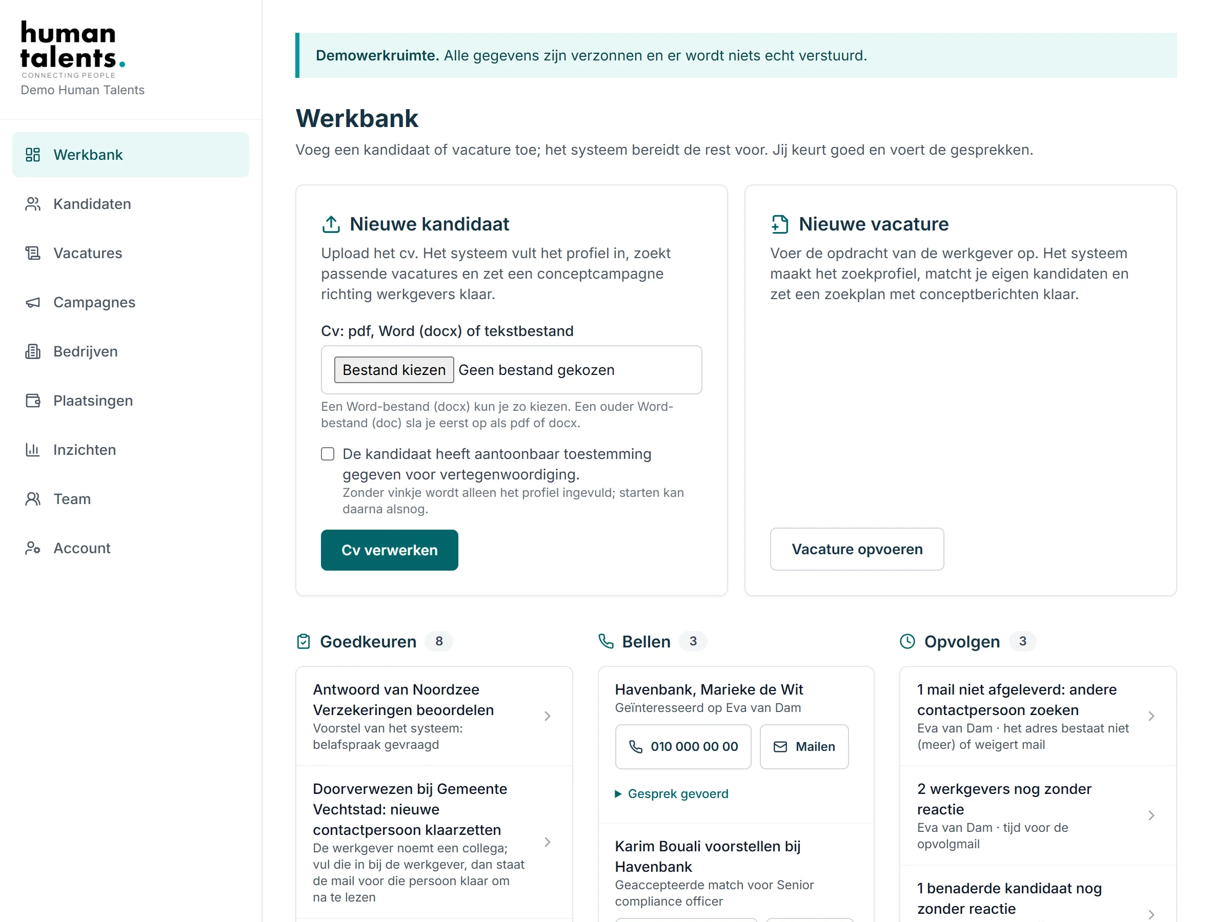 Human Talents-werkbank en onderbouwd matchvoorstel, met fictieve demogegevens