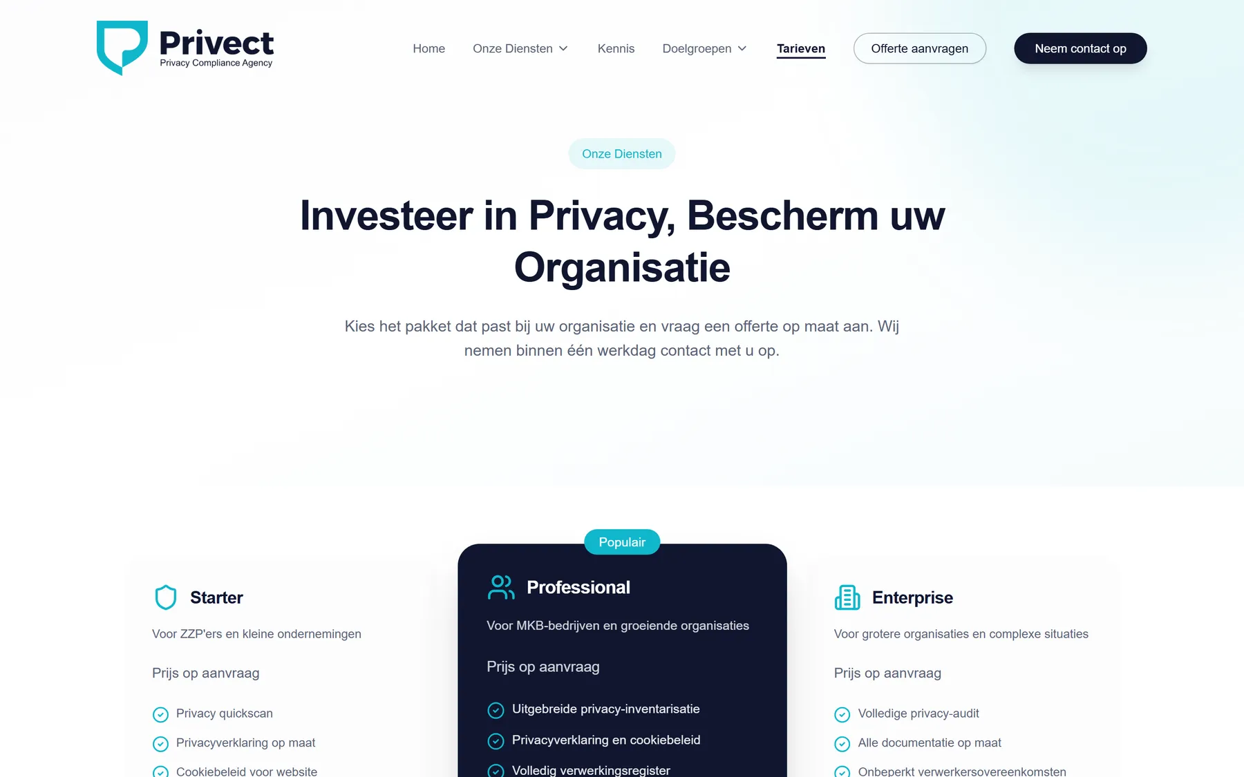 De tarievenpagina van privect.nl