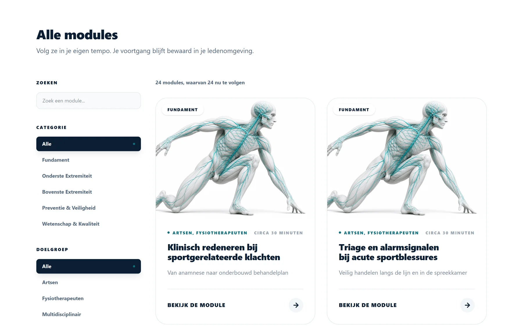 Het moduleoverzicht van de Academy met filters en modulekaarten